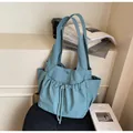 Morandi blue nylon tote bag with drawstring pocket and spacious pleated design - Blue / One Size