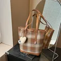 Brown and beige checkered tote bag with leather straps and heart plush pendant accessory - With Pendant / Khaki Plaid