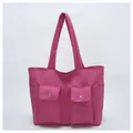 Pink large-capacity canvas tote bag with two front pockets and nylon shoulder straps - Rose Red