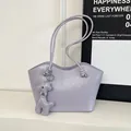 Minimalist light purple glossy tote bag with cute deer pendant for women daily commute - Purple