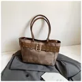 Retro brown leather tote bag with silver buckle strap and large capacity design - One Size / Brown