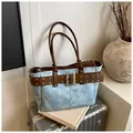 Light blue textured tote bag with dark brown leather belt detail and shoulder straps - One Size / Blue