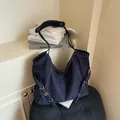 Large capacity dark blue denim tote bag with white contrast stitching and metal buckles - Denim / Blue