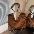 Large vintage brown shoulder tote bag with a soft distressed texture and metal buckle - PU / Brown