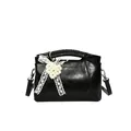 Minimalist black bucket bag featuring a white lace bow and pearl heart charm detail - With Pendant / Black