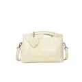 Creamy white PU bucket bag featuring a woven handle and elegant pearl heart charm decoration - With Pendant / White