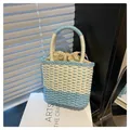Blue and white woven crossbody bag featuring a two-tone pattern and drawstring liner - One Size / Blue