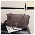 Dark brown minimalist square handbag with lychee texture leather and dual shoulder straps - Coffee