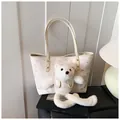 Cream tote bag with cute bear patterns and a white plush teddy bear charm pendant - White