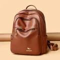 Brown litchi grain leather backpack with golden kangaroo logo and functional zip pockets - One Size / Yellow Brown