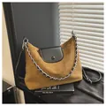 Brown suede hobo tote bag with black leather flap and stylish silver chain strap - Dark Khaki