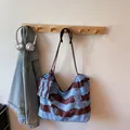 Striped canvas tote bag in blue and brown with cartoon bear print and small coin purse - Striped Cat