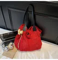 Red crochet hollow-out tote bag with black faux leather strap and tulip charm - Red