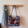 Cute bear print canvas tote bag with red and blue stripes and a mini matching pouch - Bear Pattern
