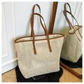 Large woven tote bag in cream mesh texture with brown leather straps and belt buckle - One Size / Off White