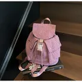 Purple plaid pattern canvas backpack with flap buckle closure in a vintage aesthetic - One Size / Purple