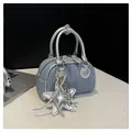 Denim blue mini Boston bag with silver metallic handles and star shaped charm pendant - With Pendant / Silver