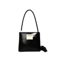 Minimalist black leather crossbody bag with logo patch and decorative white bead detail - One Size / Black