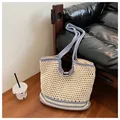 Detailed close-up of woven mesh texture on the cream tote bag with blue trim accents - Large / Blue