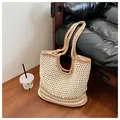 Large capacity woven tote bag in beige and cream white with cotton rope hollow design - Large / Khaki