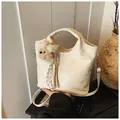Chic beige tote bag with crocodile pattern finish and adorable plush bear pendant - With Pendant / White