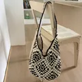 Ethnic knit tote bag featuring black and white floral crochet patterns for women - Black