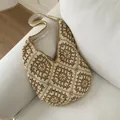 Beige and brown crochet tote bag with bohemian floral granny square pattern - Khaki
