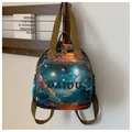 Artistic oil painting backpack in sunset purple print with DAIOU logo and brown straps - Large / Blue