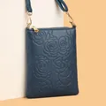 Dark blue leather small square crossbody bag with embossed rose pattern and gold hardware - Blue Small Rose