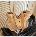 Minimalist oatmeal nylon tote bag with large capacity and multi-pocket functional design - Khaki