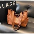 Brown large-capacity faux leather tote bag with vintage texture and magnetic silver buckle - Brown