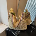 Straw tote bag with cream openwork weave and colorful embroidered bohemian strap - One Size / Khaki with Colorful Ribbon