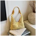 Sac fourre-tout au crochet jaune clair avec motif losange et poignées en perles de bois - Jaune