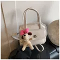 Chic cream white bowling bag in soft PU leather with a cute plush puppy pendant charm - With Pendant / Off White