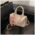 Retro cream white Boston bag with pink bow, pearl charms and letter embroidery - With Pendant / Off White