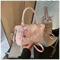 Retro pink Boston pillow bag with embossed lettering and pearl bow charm strap - With Pendant / Pink