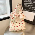 Bolso tote de lona blanca con estampado de cerezas y asas con volantes estilo dulce - Talla única / Blanco Cereza