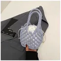 Handmade lavender crochet knit bucket bag with a white drawstring lining for women - Blue
