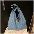 Blue striped knit tote bag with large capacity and pink decorative label for women - Horizontal Stripes / Light Blue