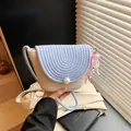 Korean style hand woven straw crossbody bag mini shoulder bag for women with pearl button. - With Pendant / Blue