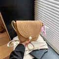 Handwoven straw crossbody bag for women, mini cute pearl shoulder bag for summer fashion. - With Pendant / Khaki