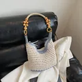 Handmade crochet beach bag in cream and blue with large wooden beads and zipper closure - Large / Blue