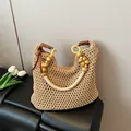 Handmade woven beach shoulder bag in beige with wooden beads and leather details - Large / Khaki