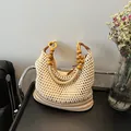 Cream handmade woven beach tote bag with decorative yellow resin and wooden bead handle - Large / Beige & Khaki
