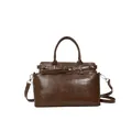 Petit sac carré marron foncé en cuir brillant texturé avec boucle argentée et bandoulière - Taille unique / Marron