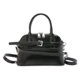 Glossy black patent leather shell bag with round handles and adjustable strap - Black