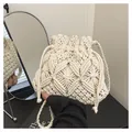 Handmade woven bucket bag in cream white with intricate diamond mesh pattern and drawstring - One Size / Off White
