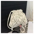 Handmade cream macrame bucket bag with drawstring closure and woven strap - One Size / White