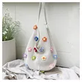 Borsa tote in crochet bianca con fiori 3D colorati in stile coreano minimalista - Taglia unica / Bianco Sporco