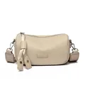 Schicke beige Zylindertasche aus Leder mit breitem Gurt und Quastendetail für Damen - Aprikose
